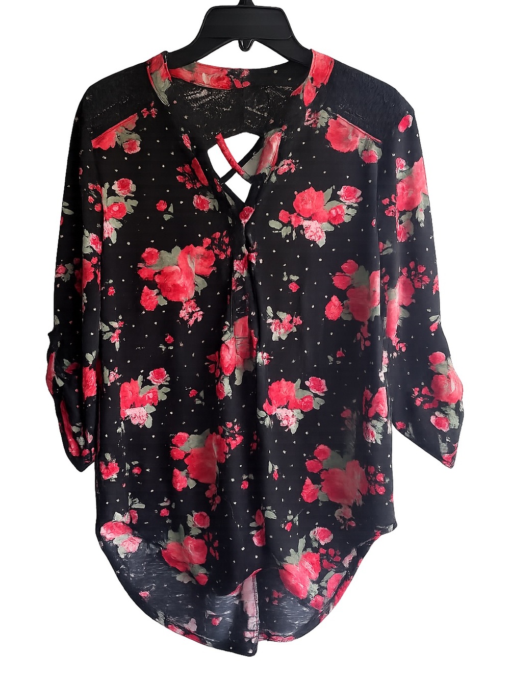 No Boundaries Black Blouse with Red Floral Print
